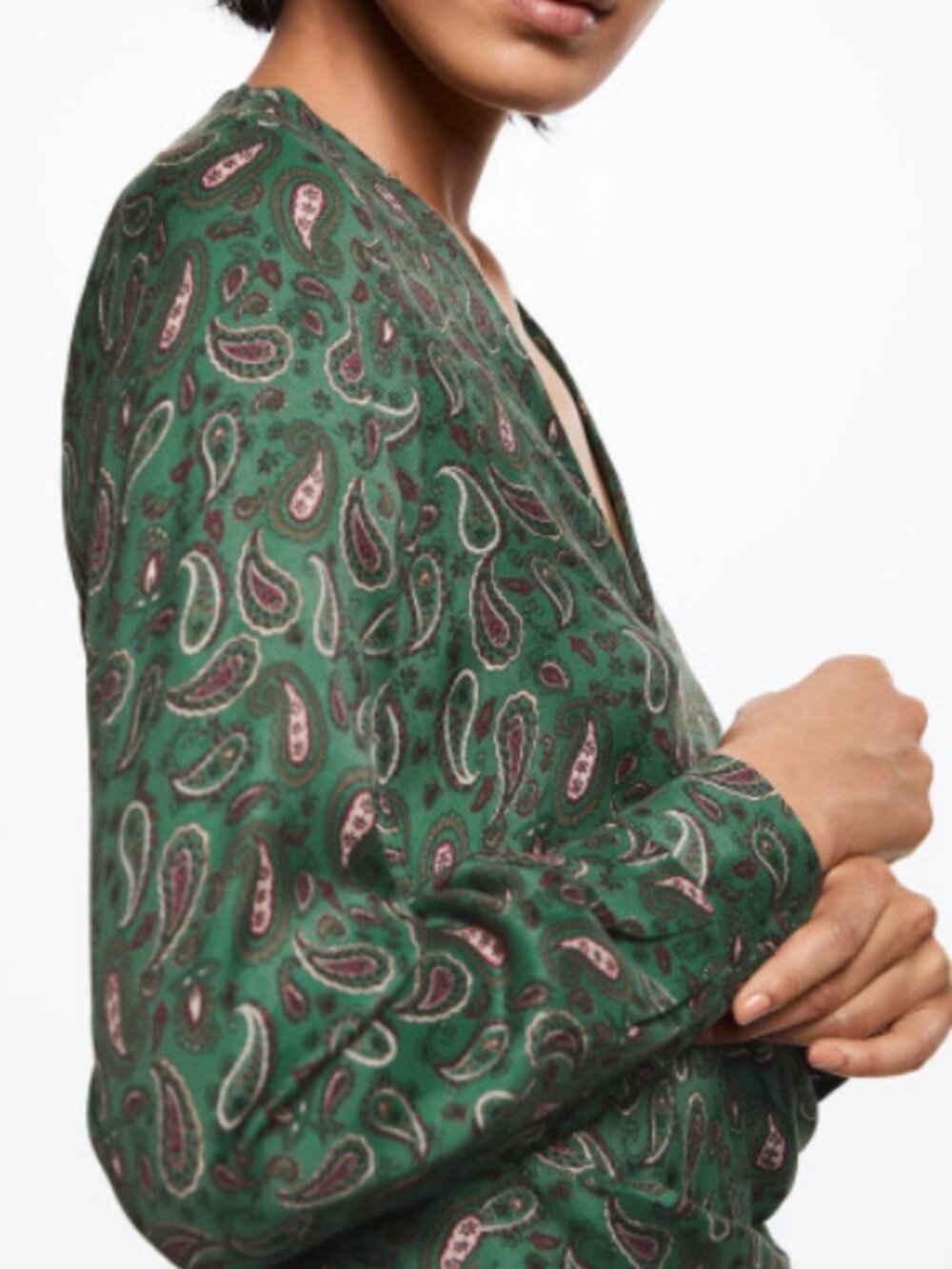 MNG Mango Paisley Wrap Mini Dress Green Long Sleeve Women's size 4